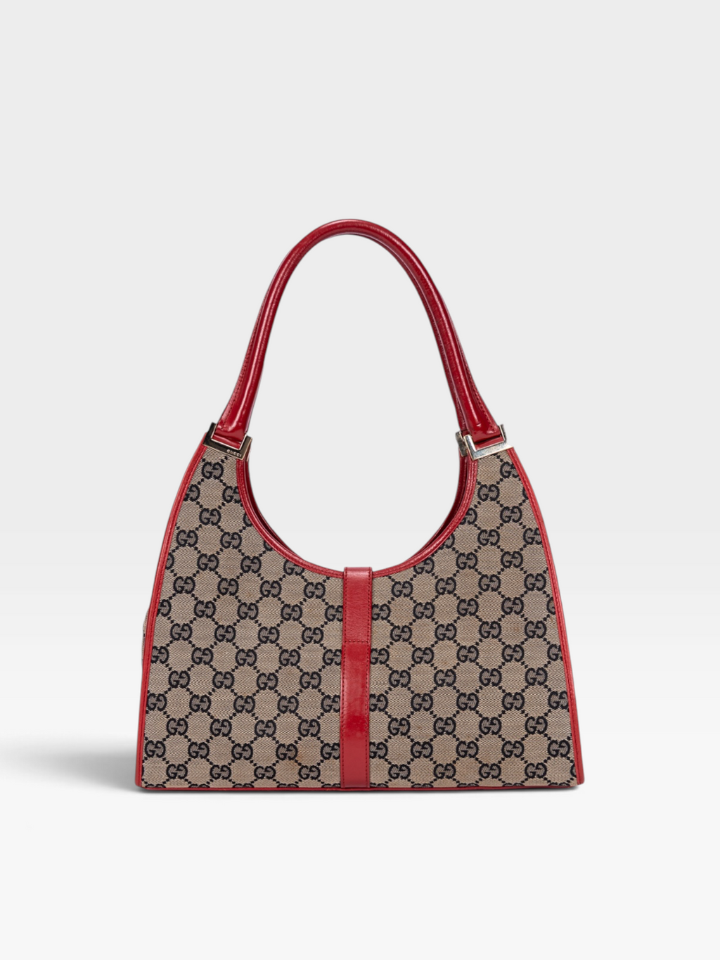 Gucci Jackie Bardot Shoulder Bag In GG Canvas With Red Trim