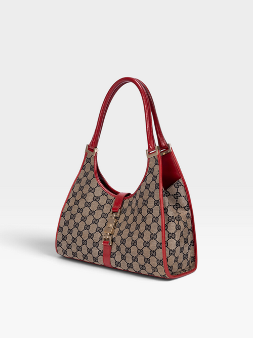 Gucci Jackie Bardot Shoulder Bag In GG Canvas With Red Trim