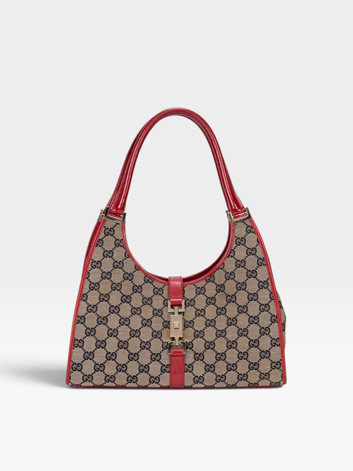 Gucci Jackie Bardot Shoulder Bag In GG Canvas With Red Trim