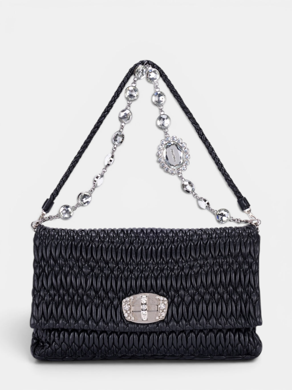 Miu Miu Crystal Cloqué Nappa Leather Shoulder Bag In Black