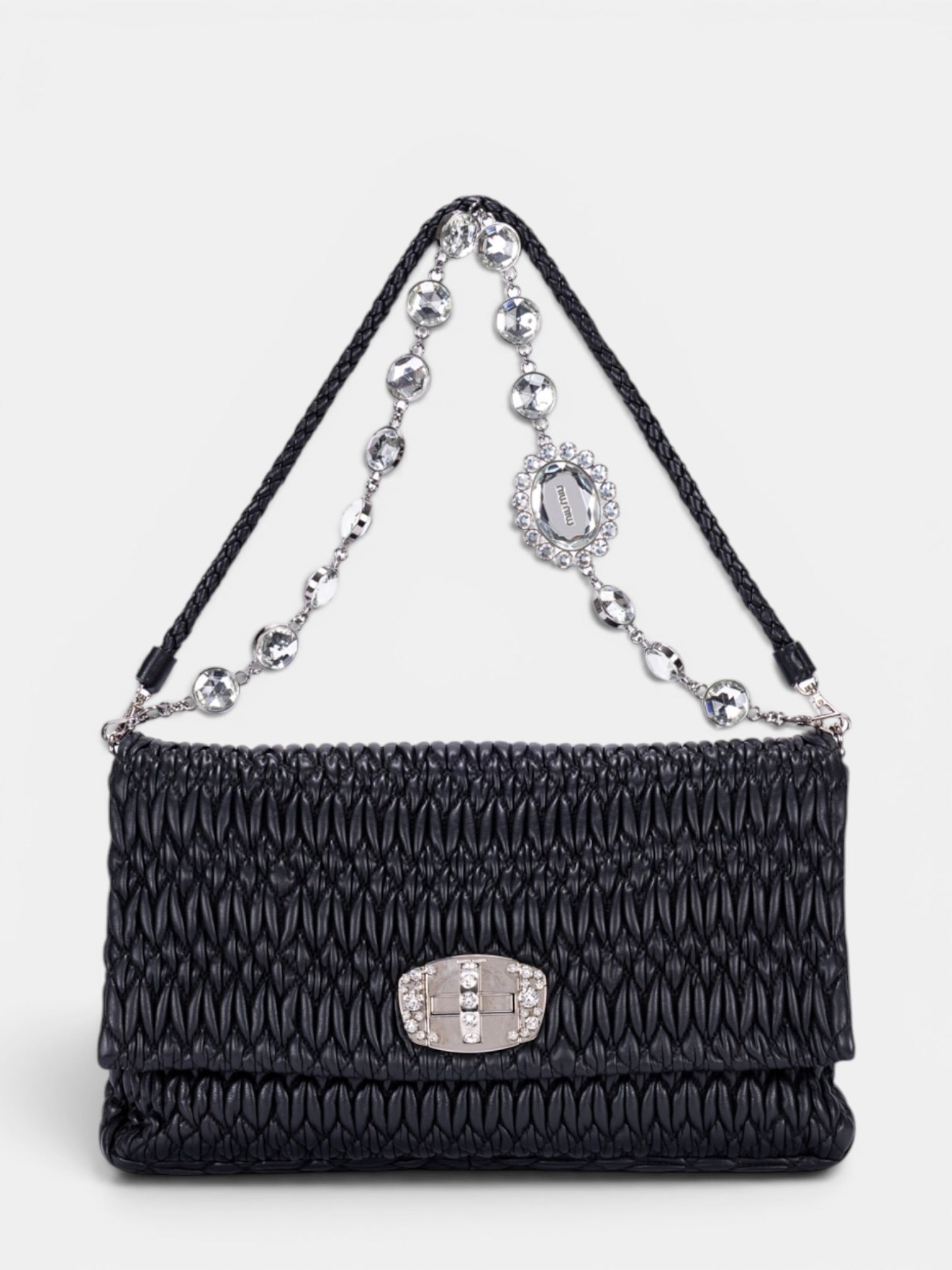 Miu Miu Crystal Cloqué Nappa Leather Shoulder Bag In Black