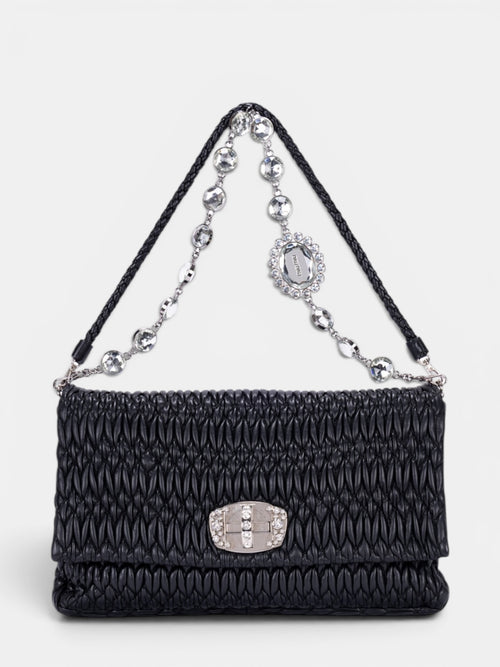 Miu Miu Crystal Cloqué Nappa Leather Shoulder Bag In Black