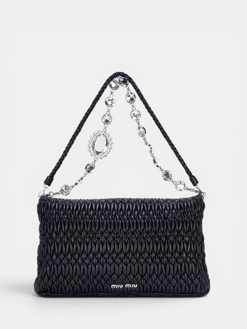 Miu Miu Crystal Cloqué Nappa Leather Shoulder Bag In Black