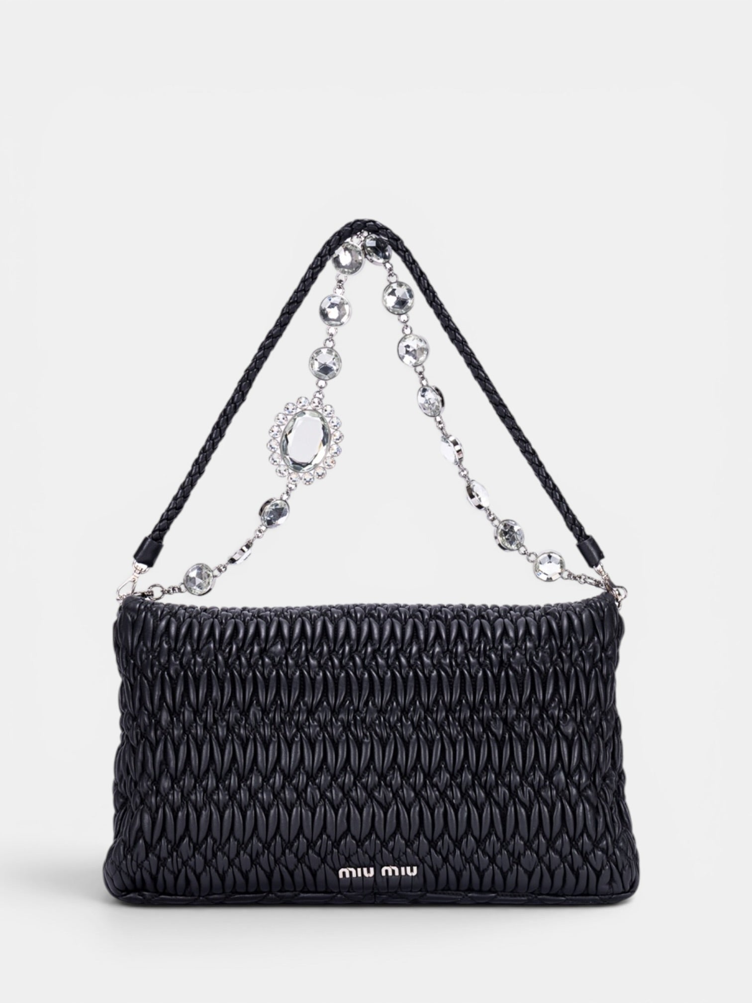 Miu Miu Crystal Cloqué Nappa Leather Shoulder Bag In Black