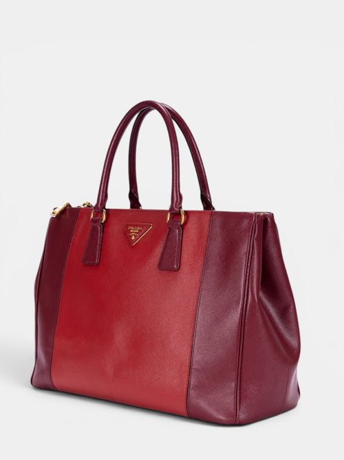 Prada Saffiano Lux Tote In Bi-Color Red & Burgundy