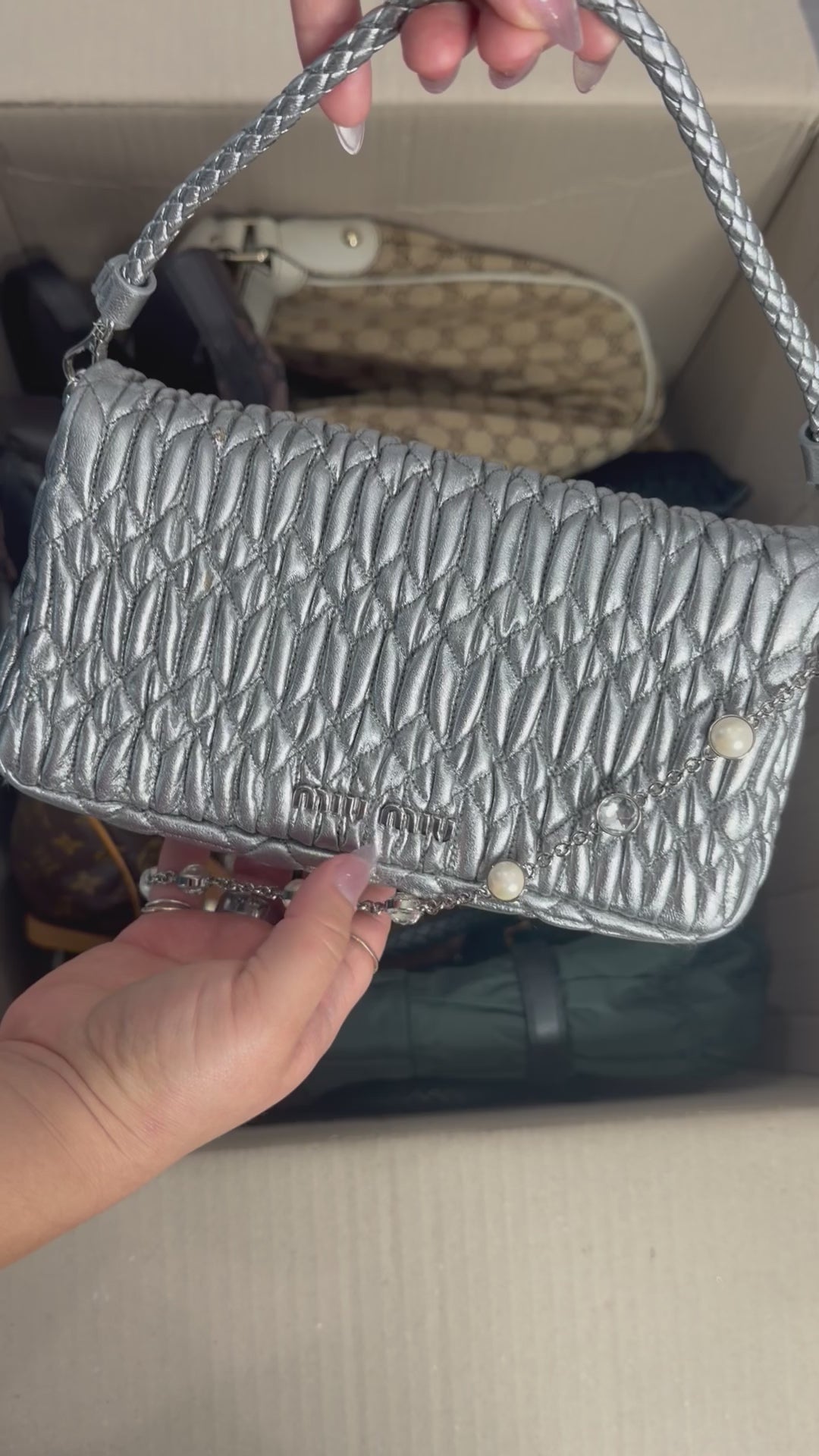 Miu Miu Crystal Cloque Nappa Leather In Sliver